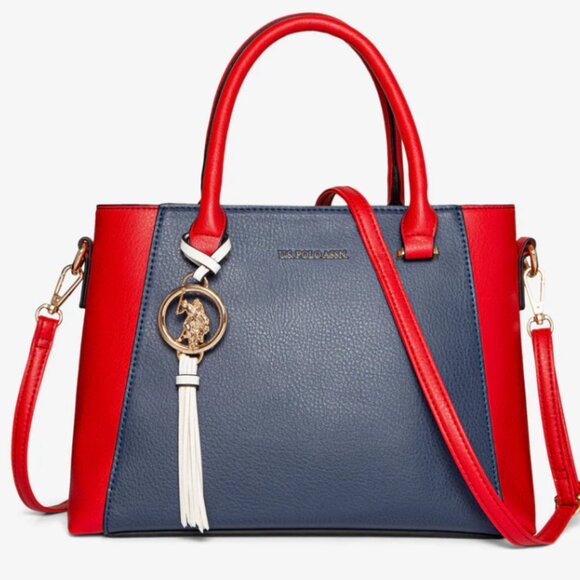 Like New US Polo Assn Red & Navy Color Block Satchel with Logo Medallion (ABBA) - Picture 1 of 16